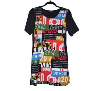 Luc Fontaine Mini Dress Size 8 Black Graphic Print Stretch Art To Wear Tunic